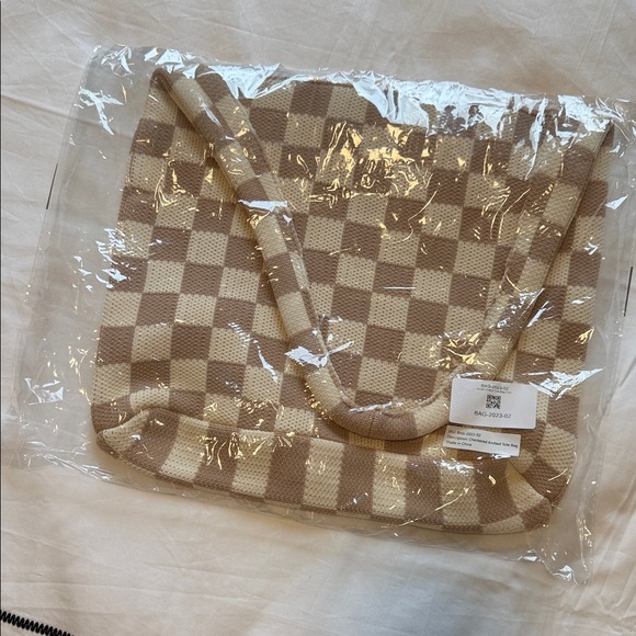 Kopari Beige and White Checkered Tote - Picture 2 of 3